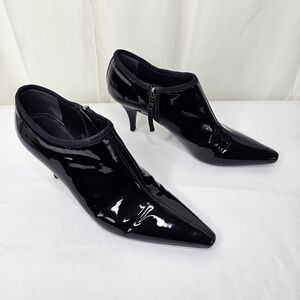 Prada Black Patent Leather Pointed Toe Ankle Heeled Boots